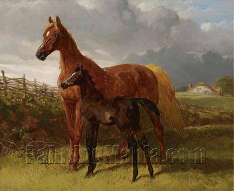 A Chestnut Mare and a Foal in a Field