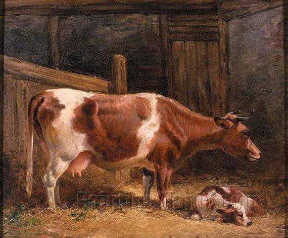 A Cow and a Calf in a Stall
