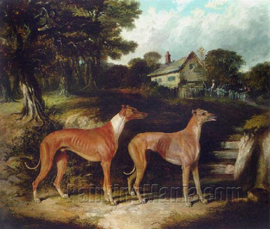 "Enterprise" and "Enchantress" two greyhounds in an extensive landscape