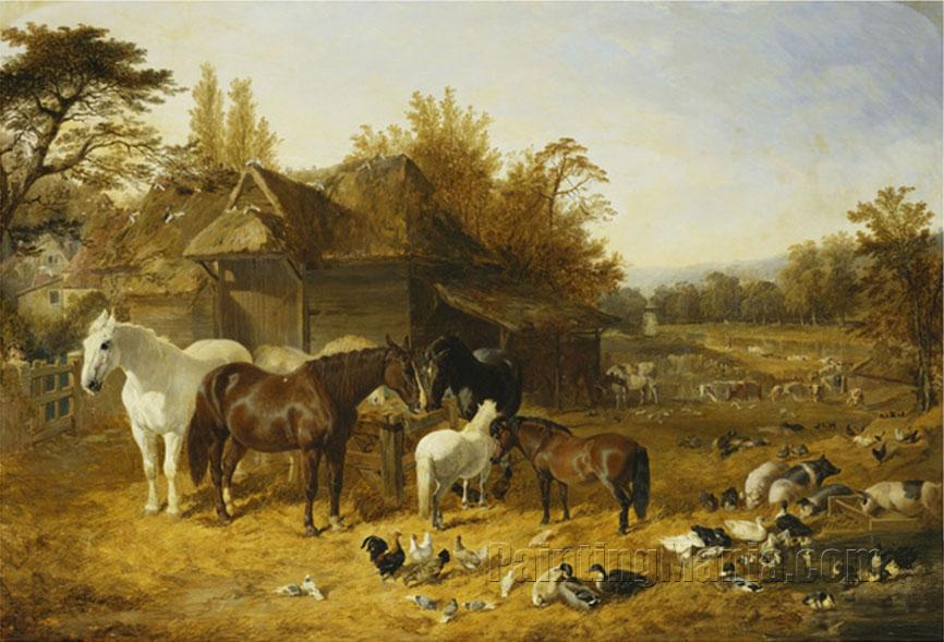 A Farmyard with Horses and Ponies, Berkshire, Saddlebacks, Alderney Shorthorn Cattle, Bantams