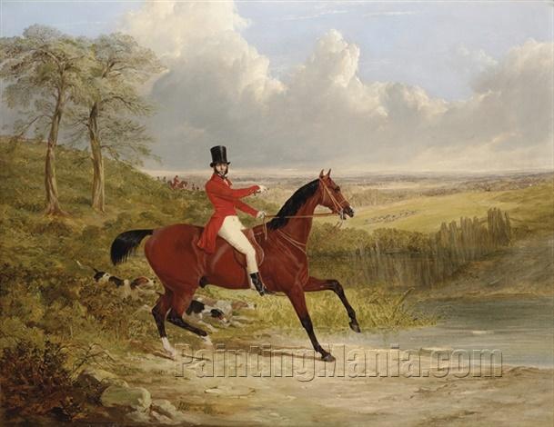 A Gentleman on a Bay Hunter, in an Extensive Landscape, a Stag Hunt in Progress Beyond