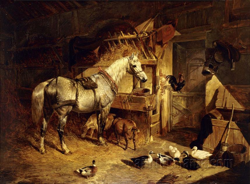 The Interior of a Stable with a Dapple Grey Horse in Harness, with Ducks, Goats, and a Cockerel