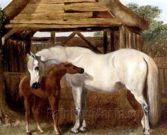 A Mare and Foal by a Barn