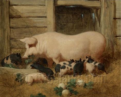 A Sow and Her Litter