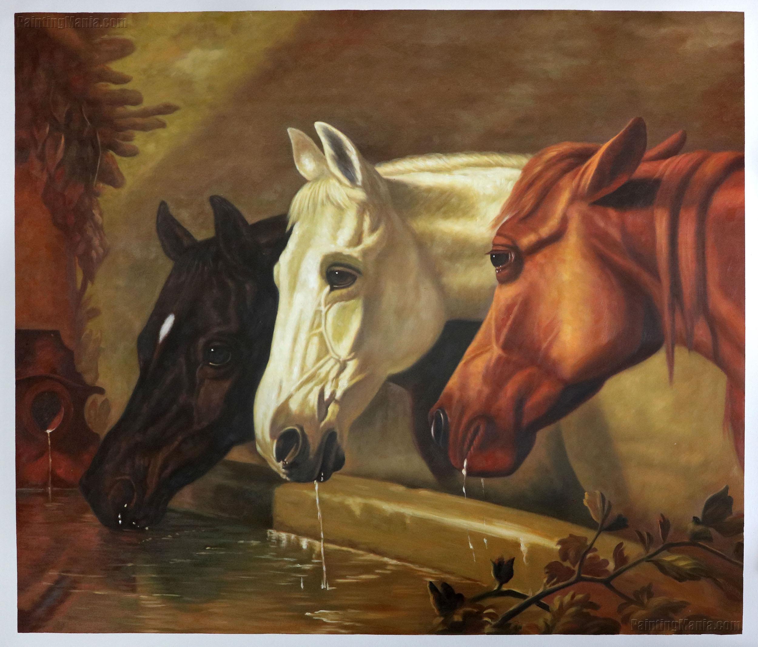 'Three members of the Temperance Society': Three Horses at a Drinking Trough