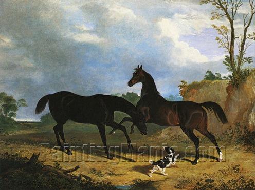 Two Thoroughbreds and a Spaniel in a Wooded Landscape