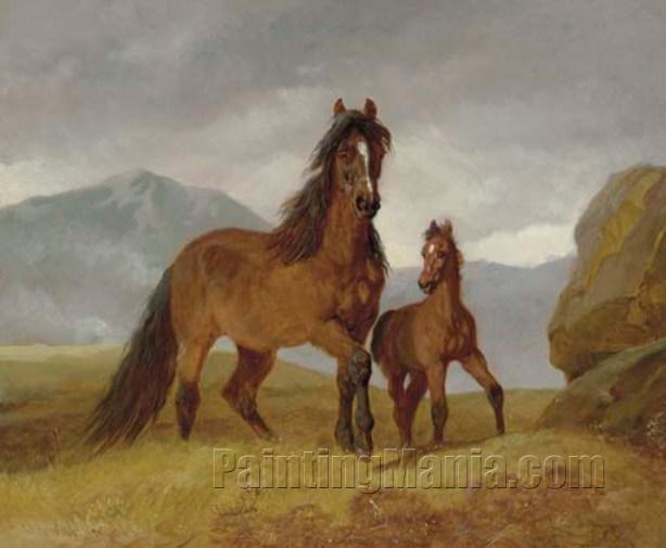 A Welsh Mountain Mare and Foal in an Upland Landscape