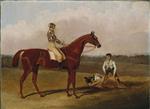 Barefoot'. the Racehorse. with a Jockey Up and a Groom