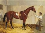 The Bay Racehorse Alice Hawthorn , Held by a Groom in Her Stable