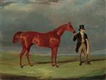 Bedlamite. a chestnut racehorse held by his trainer. in an extensive landscape