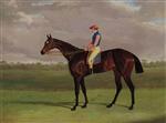 Bessy Bedlam. a brown racehorse with Tommy Lye up. in a landscape