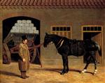 A Cart Horse and Driver Outside a Stable