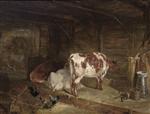 Cattle and Chickens in a Barn