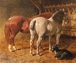 A Chestnut Cob, a Grey Cob and a Goat in a Stable Interior