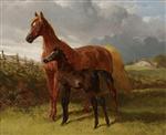 A Chestnut Mare and a Foal in a Field