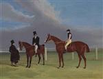The Colonel with William Scott up and John Scott on a dark bay hack, with groom,Doncaster racecourse
