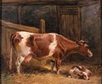 A Cow and a Calf in a Stall