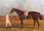 'Euclid'. a chestnut racehorse held by his jockey. Patrick Conolly. in a landscape