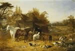 A Farmyard with Horses and Ponies, Berkshire, Saddlebacks, Alderney Shorthorn Cattle, Bantams