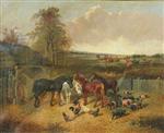 A Farmyard with Livestock, a Hunting Party in the Background