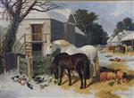 A Farmyard in Winter with Horses, Ducks, Pigs and Chickens