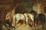 Feeding Time, a stable scene with two horses, a man, ducks, chickens and a goat