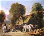 Figures and Carthorses outside a Thatched Barn