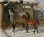 A Mare and Foal in a Farmyard in Winter
