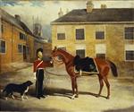 An Officer of the Dragoon Guards. Caribineers with His Mount in the Barrack's Stable Yard