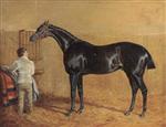 A Racehorse in a Stable with a Groom