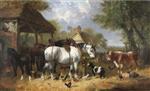 Shire horses, pigs and other livestock by a stable with a cottage and church beyond
