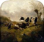 Two Cows with Goats and Ducks in a Landscape
