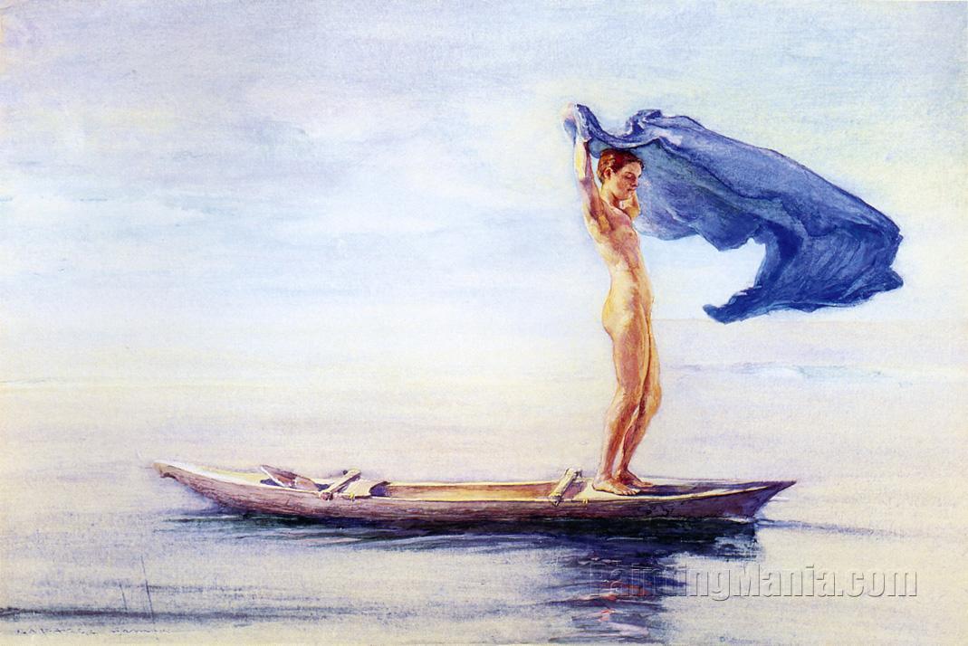 Girl in Bow of Canoe Spreading Out Her Loin-Cloth for a Sail, Samoa (Fayaway)