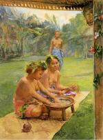 Young Girls Preparing Kava. Outside of the Hut Whose Posts Are Decorated wih Flowers