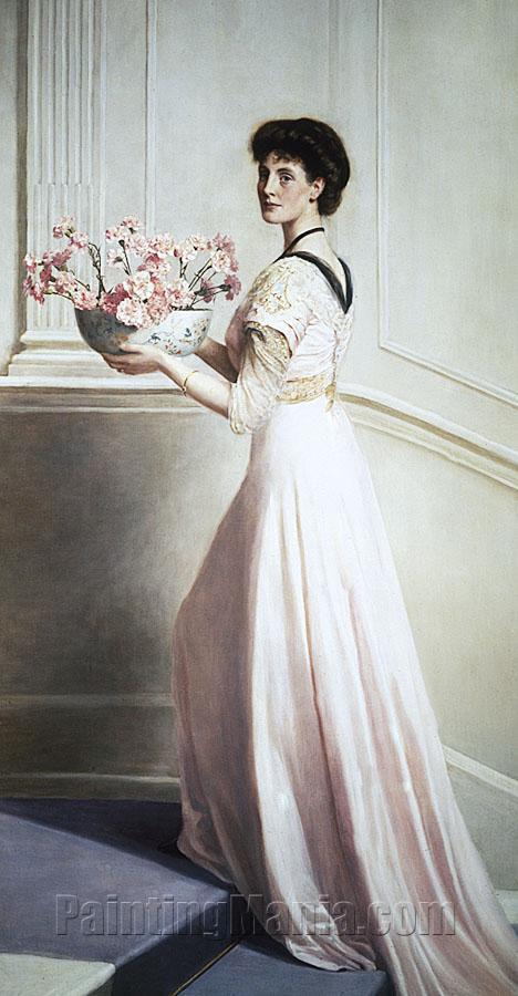 Lady with a bowl of pink carnations
