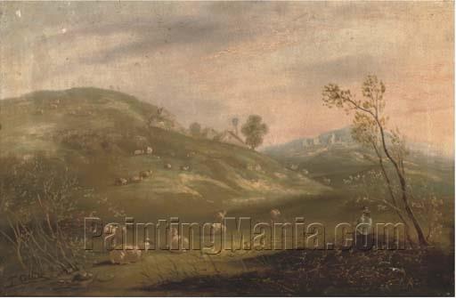 A shepherd and his flock on a hillside with cottages in the distance