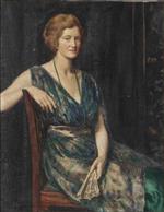 Portrait of a lady. thought to be Mrs Geoffrey Pynam of Guildford. seated. in a green dress