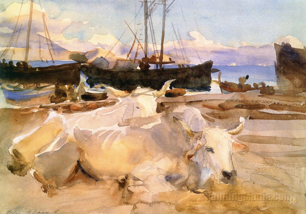 Oxen on the Beach at Baia, Bay of Naples (Two Oxen by the Seashore)