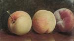 Three Peaches on a Brown Table