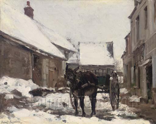 A Donkey and Cart at a Farmhouse in Winter