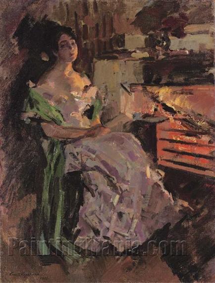 A Woman Reading by the Hearth