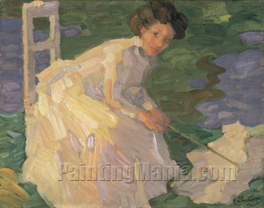 Sitting Girl in White Dress with Umbrella