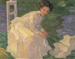 Sitting Girl in White Dress with Umbrella