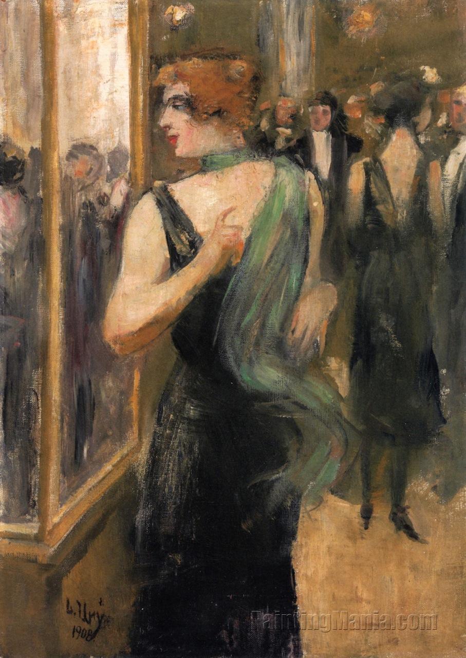 Lady in a Black Evening Dress with a Green Scarf