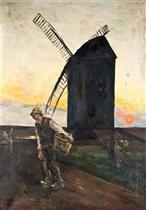 Peasants in Dutch Landscape with Windmill