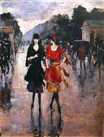 Two Girls walking along the Street