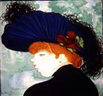Red haired woman with a blue hat