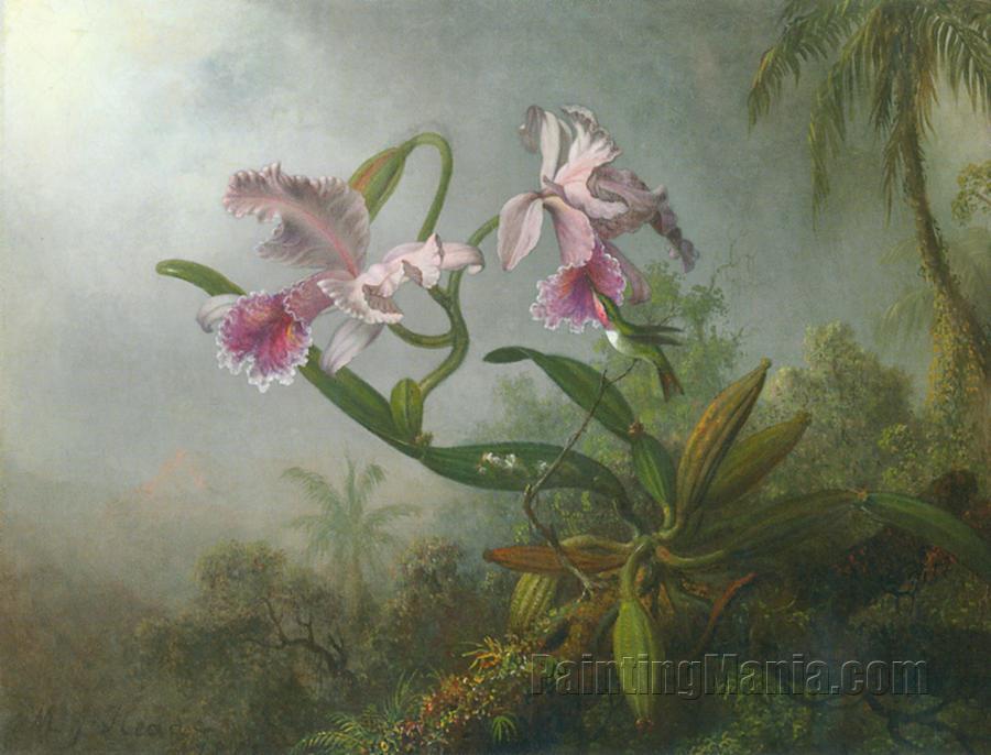 Pink Orchids and Hummingbird on a Twig