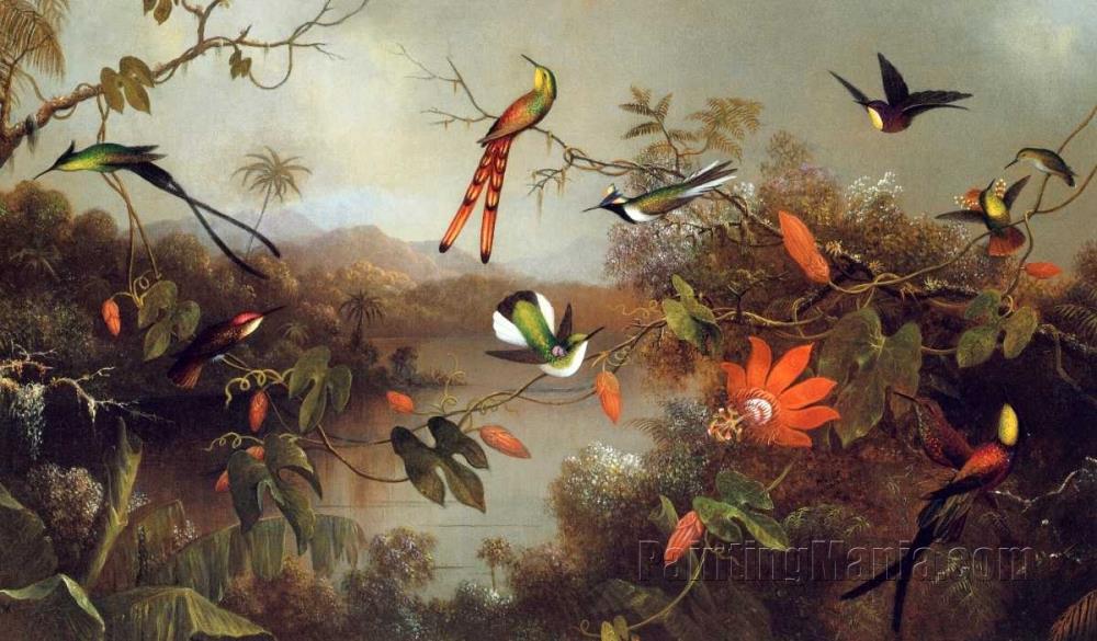 Tropical Landscape With Ten Hummingbirds