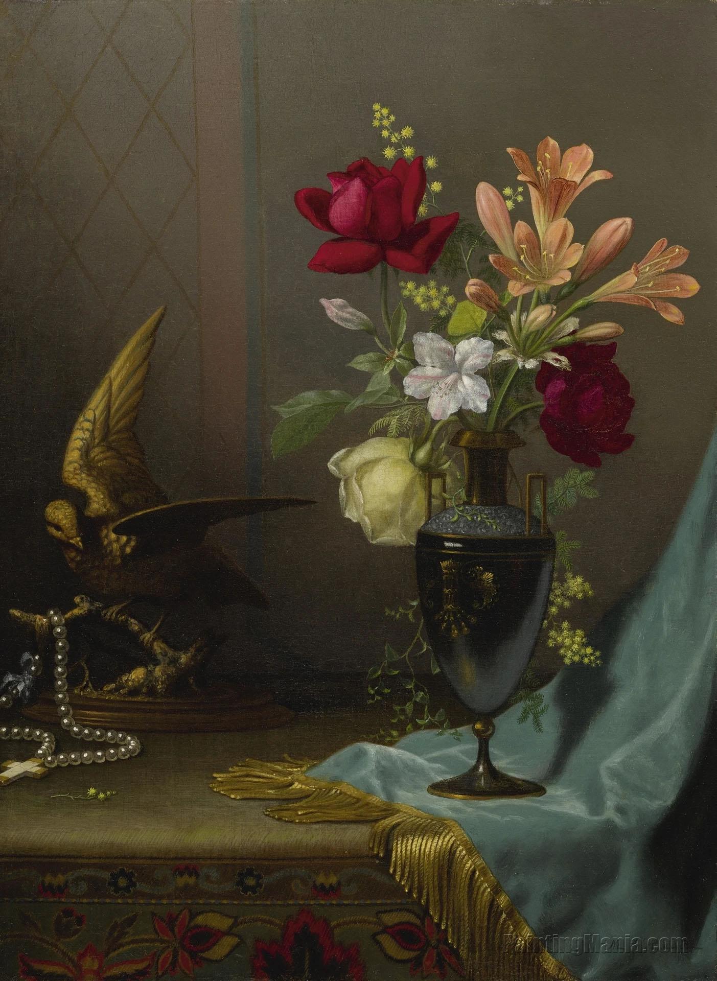 Vase of Mixed Flowers with a Dove